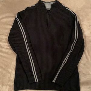 MENS 3/4 zip ribbed black sweater with gray stripe down the arm